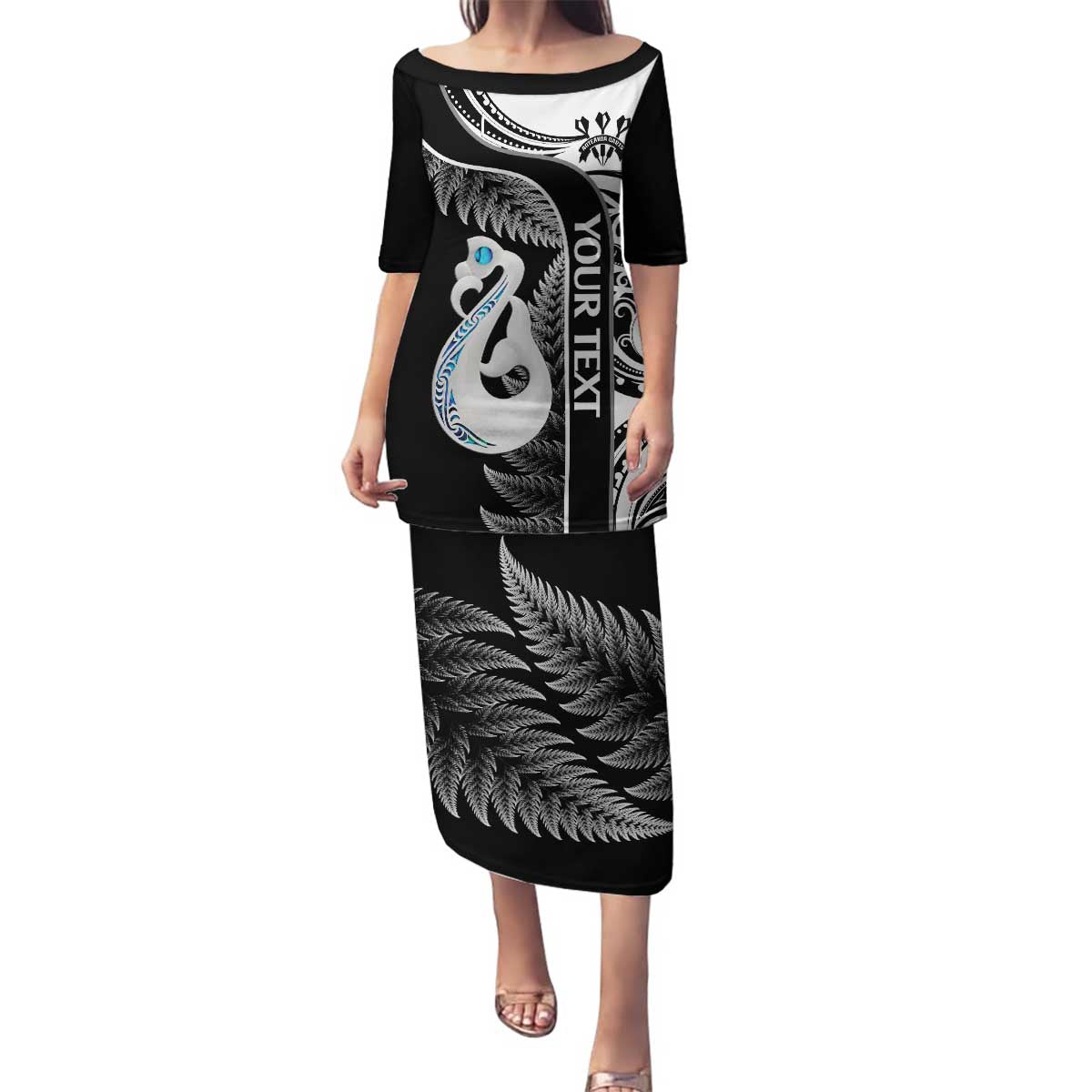 Personalised New Zealand Darts Family Matching Puletasi and Hawaiian Shirt Aotearoa Fern Mix Paua Shell Manaia - Black LT14 Mom's Dress Black - Polynesian Pride