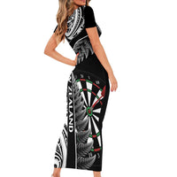 Personalised New Zealand Darts Family Matching Short Sleeve Bodycon Dress and Hawaiian Shirt Aotearoa Fern Mix Paua Shell Manaia - Black LT14 - Polynesian Pride
