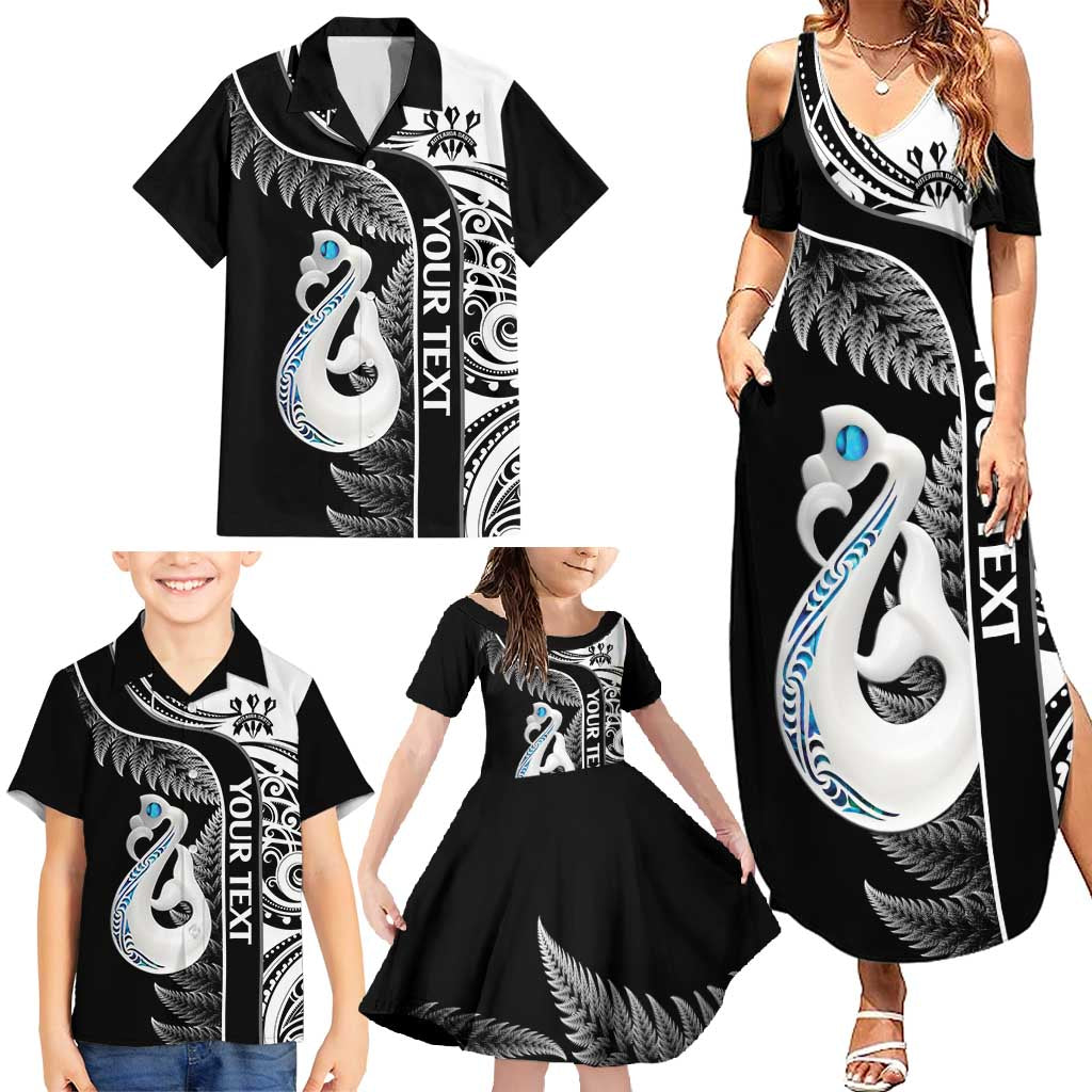 Personalised New Zealand Darts Family Matching Summer Maxi Dress and Hawaiian Shirt Aotearoa Fern Mix Paua Shell Manaia - Black LT14 - Polynesian Pride