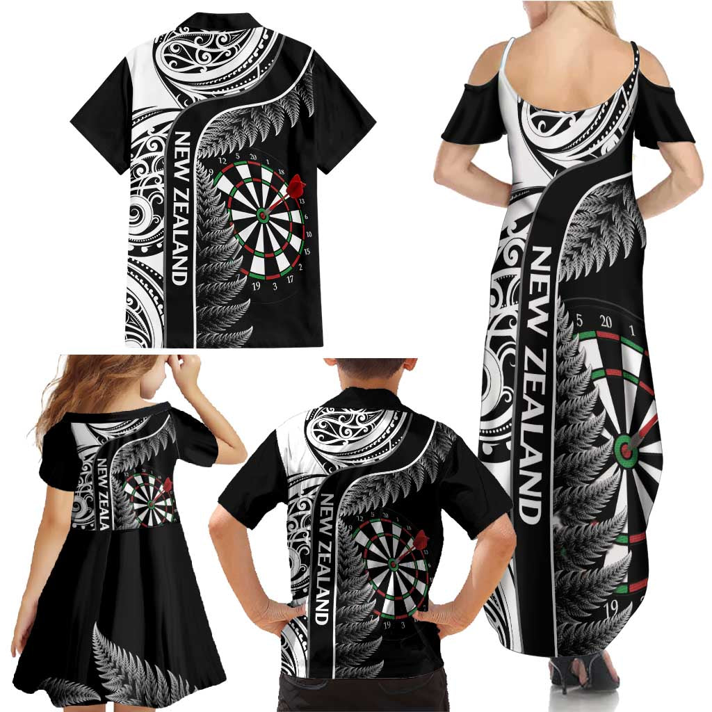 Personalised New Zealand Darts Family Matching Summer Maxi Dress and Hawaiian Shirt Aotearoa Fern Mix Paua Shell Manaia - Black LT14 - Polynesian Pride
