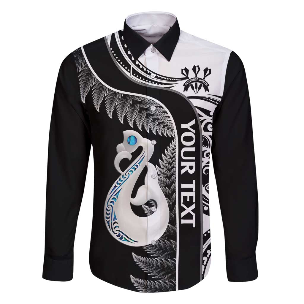Personalised New Zealand Darts Family Matching Summer Maxi Dress and Hawaiian Shirt Aotearoa Fern Mix Paua Shell Manaia - Black LT14 Dad's Shirt - Long Sleeve Black - Polynesian Pride