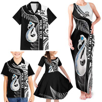 Personalised New Zealand Darts Family Matching Tank Maxi Dress and Hawaiian Shirt Aotearoa Fern Mix Paua Shell Manaia - Black LT14 - Polynesian Pride