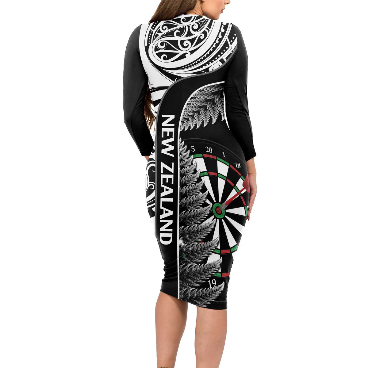 Personalised New Zealand Darts Long Sleeve Bodycon Dress Aotearoa Fern Mix Paua Shell Manaia - Black LT14 - Polynesian Pride