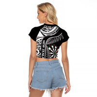 Personalised New Zealand Darts Raglan Cropped T Shirt Aotearoa Fern Mix Paua Shell Manaia - Black