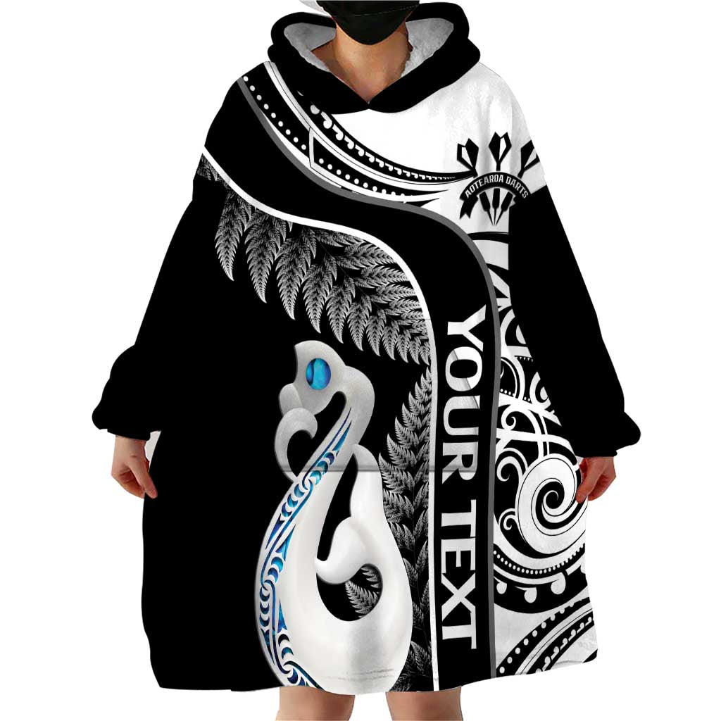 Personalised New Zealand Darts Wearable Blanket Hoodie Aotearoa Fern Mix Paua Shell Manaia - Black LT14 - Polynesian Pride