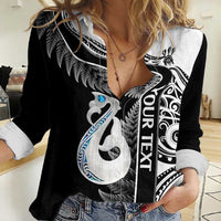 Personalised New Zealand Darts Women Casual Shirt Aotearoa Fern Mix Paua Shell Manaia - Black LT14 Female Black - Polynesian Pride