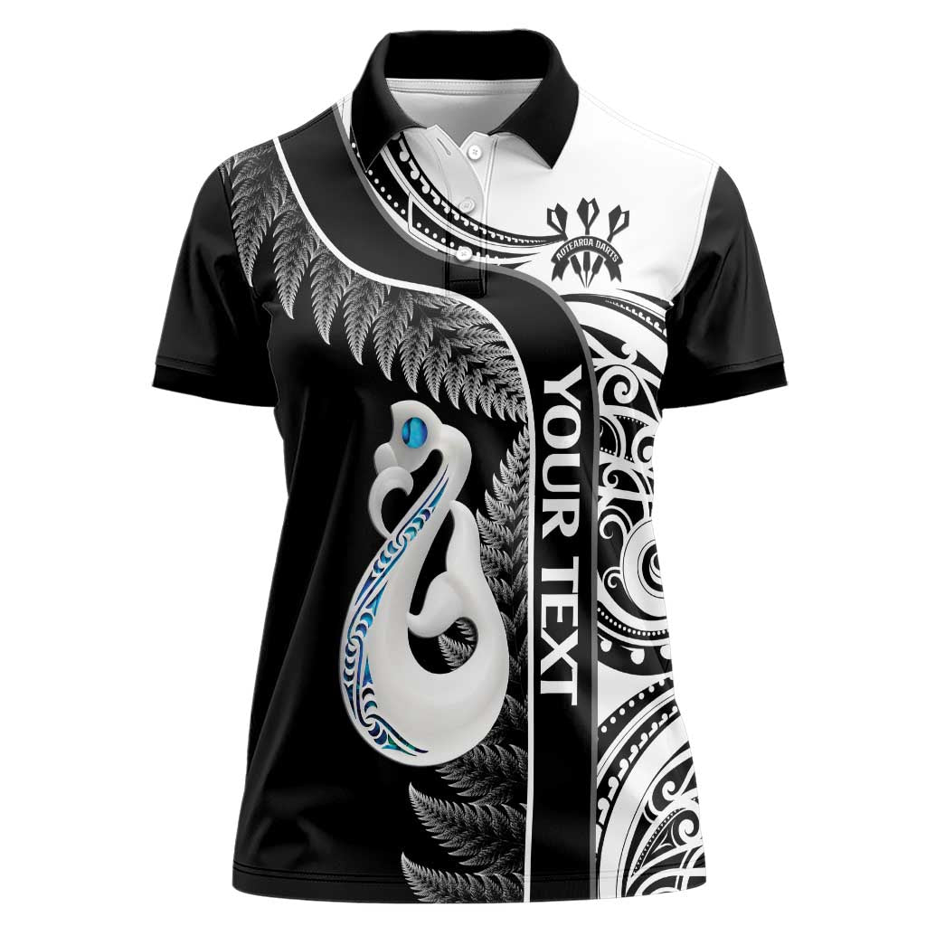 Personalised New Zealand Darts Women Polo Shirt Aotearoa Fern Mix Paua Shell Manaia - Black LT14 Female Black - Polynesian Pride
