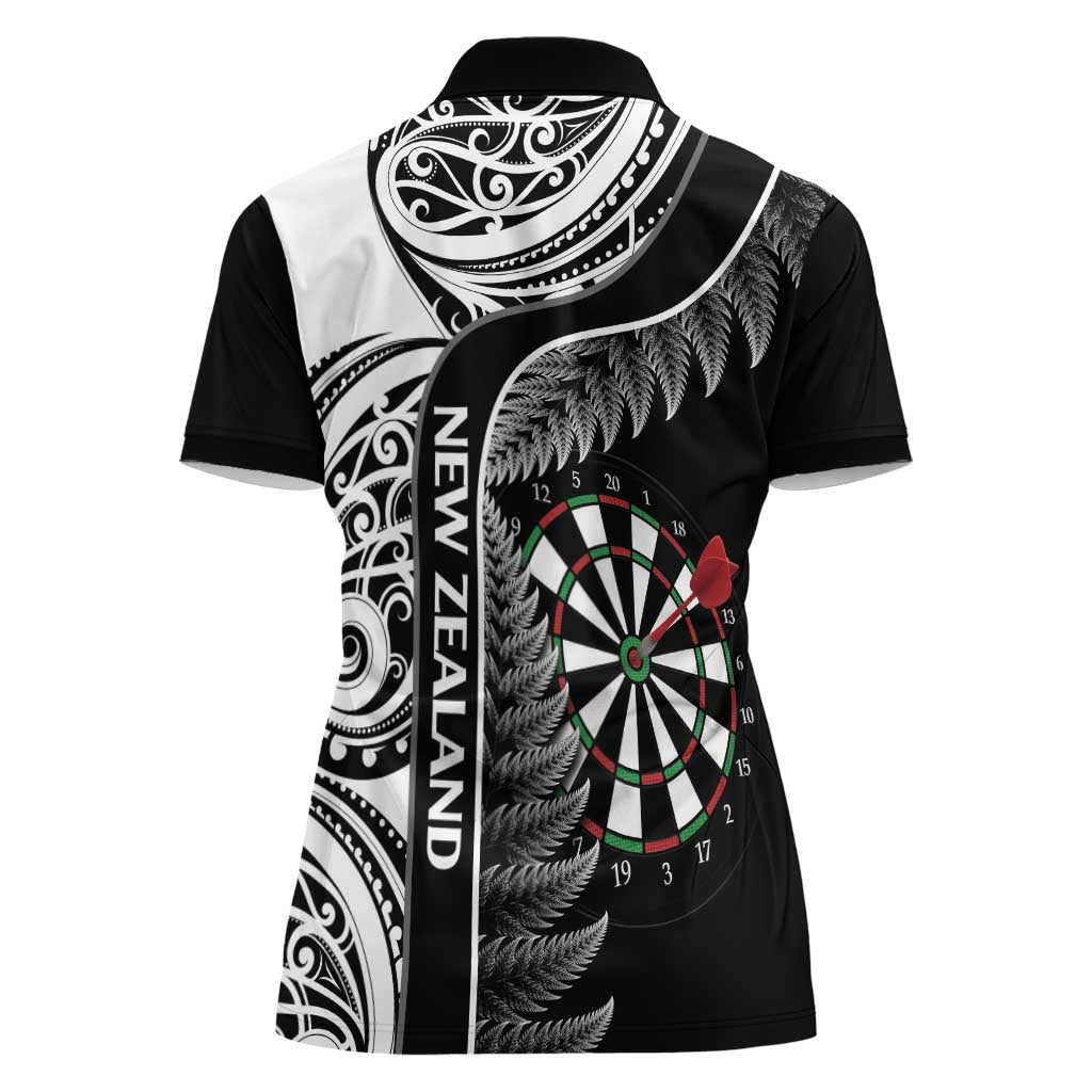 Personalised New Zealand Darts Women Polo Shirt Aotearoa Fern Mix Paua Shell Manaia - Black LT14 - Polynesian Pride