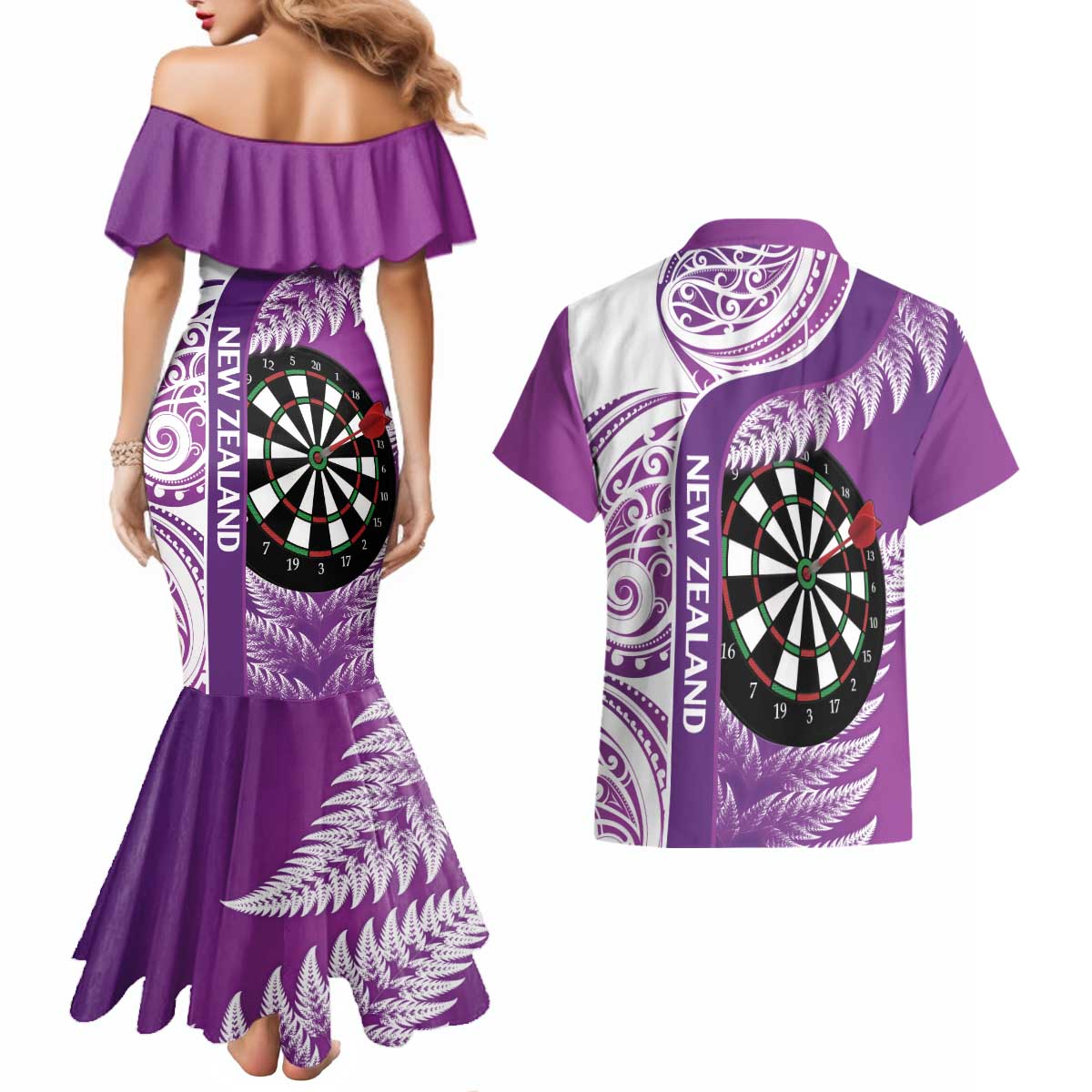 Personalised New Zealand Darts Couples Matching Mermaid Dress and Hawaiian Shirt Aotearoa Fern Mix Paua Shell Manaia - Purple LT14 - Polynesian Pride