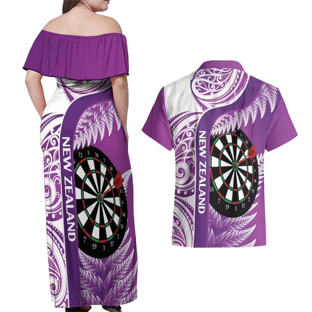 Personalised New Zealand Darts Couples Matching Off Shoulder Maxi Dress and Hawaiian Shirt Aotearoa Fern Mix Paua Shell Manaia - Purple LT14 - Polynesian Pride