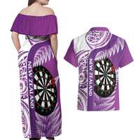 Personalised New Zealand Darts Couples Matching Off Shoulder Maxi Dress and Hawaiian Shirt Aotearoa Fern Mix Paua Shell Manaia - Purple LT14 - Polynesian Pride