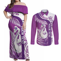 Personalised New Zealand Darts Couples Matching Off Shoulder Maxi Dress and Long Sleeve Button Shirt Aotearoa Fern Mix Paua Shell Manaia - Purple LT14 Purple - Polynesian Pride