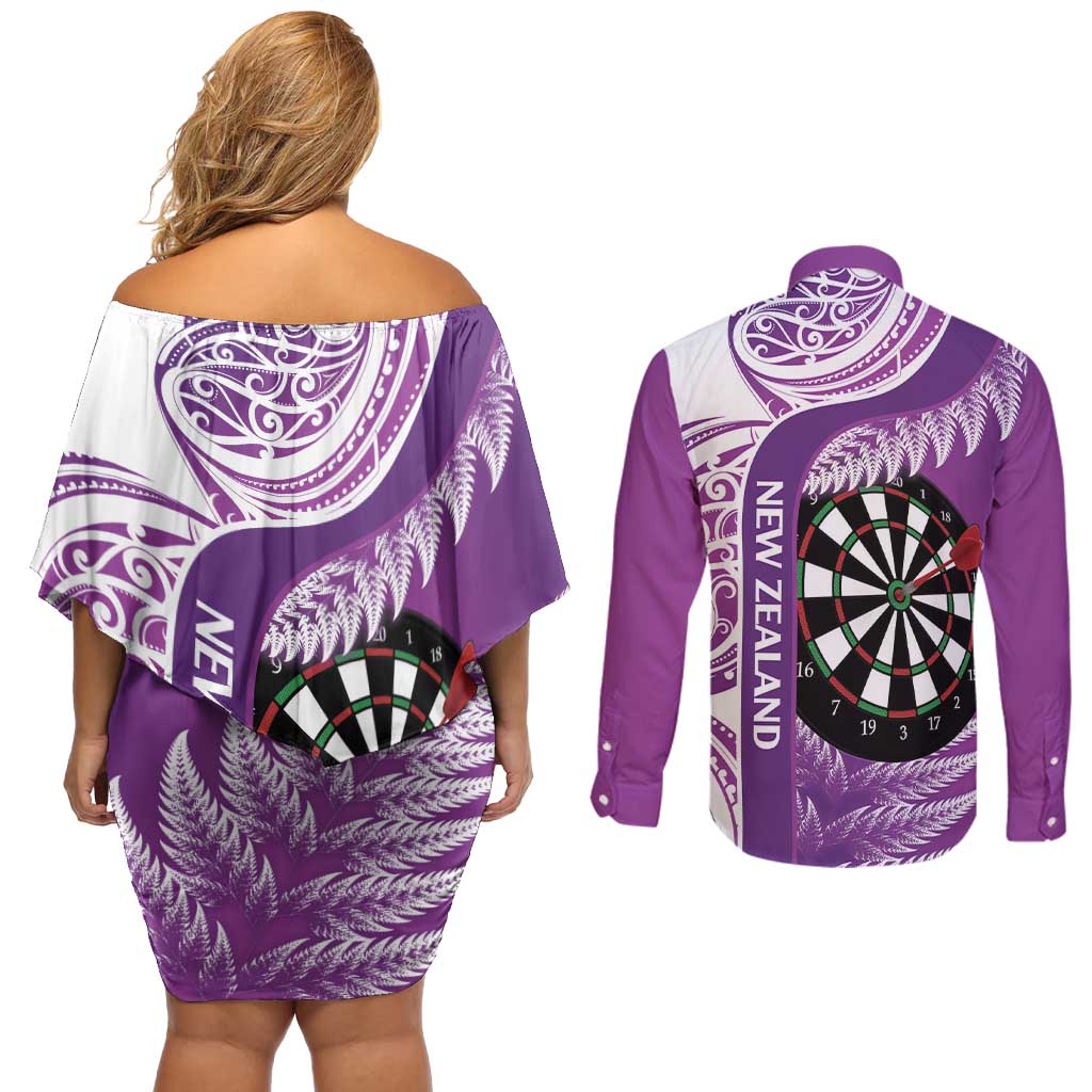 Personalised New Zealand Darts Couples Matching Off Shoulder Short Dress and Long Sleeve Button Shirt Aotearoa Fern Mix Paua Shell Manaia - Purple LT14 - Polynesian Pride
