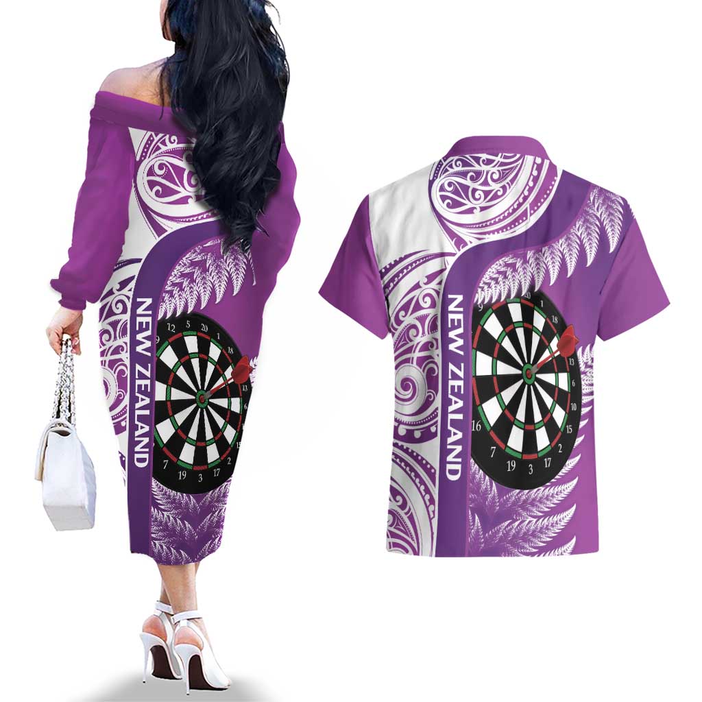 Personalised New Zealand Darts Couples Matching Off The Shoulder Long Sleeve Dress and Hawaiian Shirt Aotearoa Fern Mix Paua Shell Manaia - Purple LT14 - Polynesian Pride