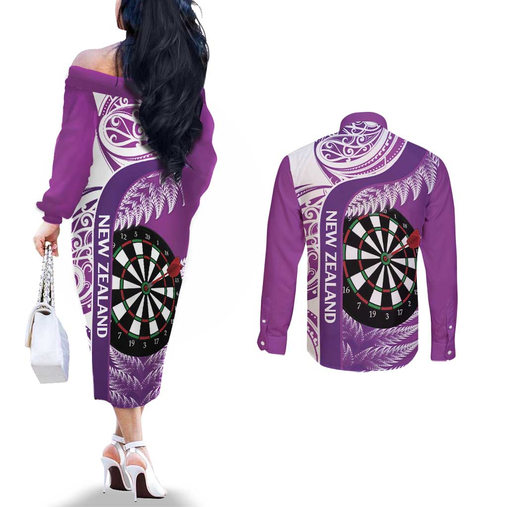 Personalised New Zealand Darts Couples Matching Off The Shoulder Long Sleeve Dress and Long Sleeve Button Shirt Aotearoa Fern Mix Paua Shell Manaia - Purple LT14 - Polynesian Pride