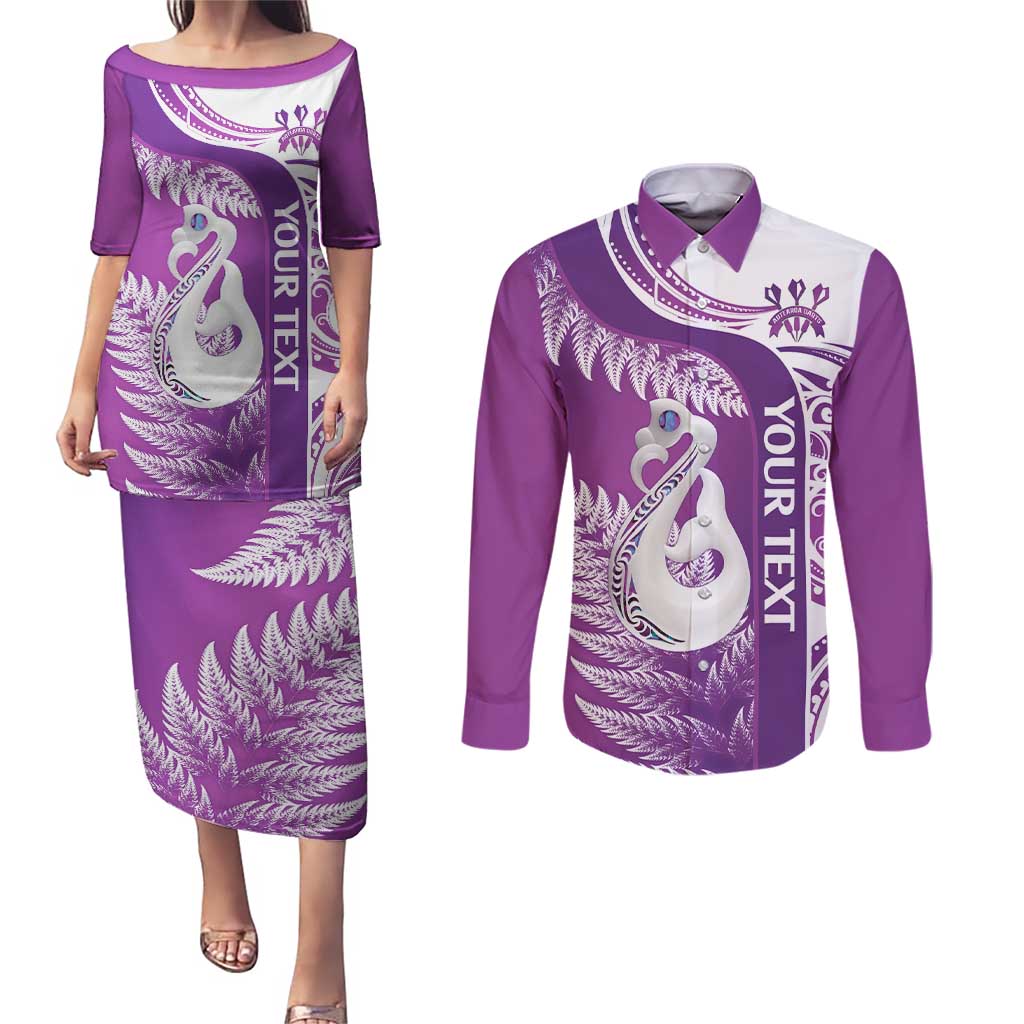 Personalised New Zealand Darts Couples Matching Puletasi and Long Sleeve Button Shirt Aotearoa Fern Mix Paua Shell Manaia - Purple LT14 Purple - Polynesian Pride