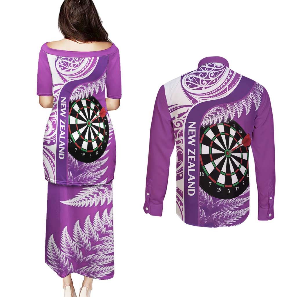 Personalised New Zealand Darts Couples Matching Puletasi and Long Sleeve Button Shirt Aotearoa Fern Mix Paua Shell Manaia - Purple LT14 - Polynesian Pride