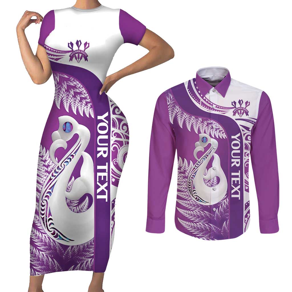 Personalised New Zealand Darts Couples Matching Short Sleeve Bodycon Dress and Long Sleeve Button Shirt Aotearoa Fern Mix Paua Shell Manaia - Purple LT14 Purple - Polynesian Pride
