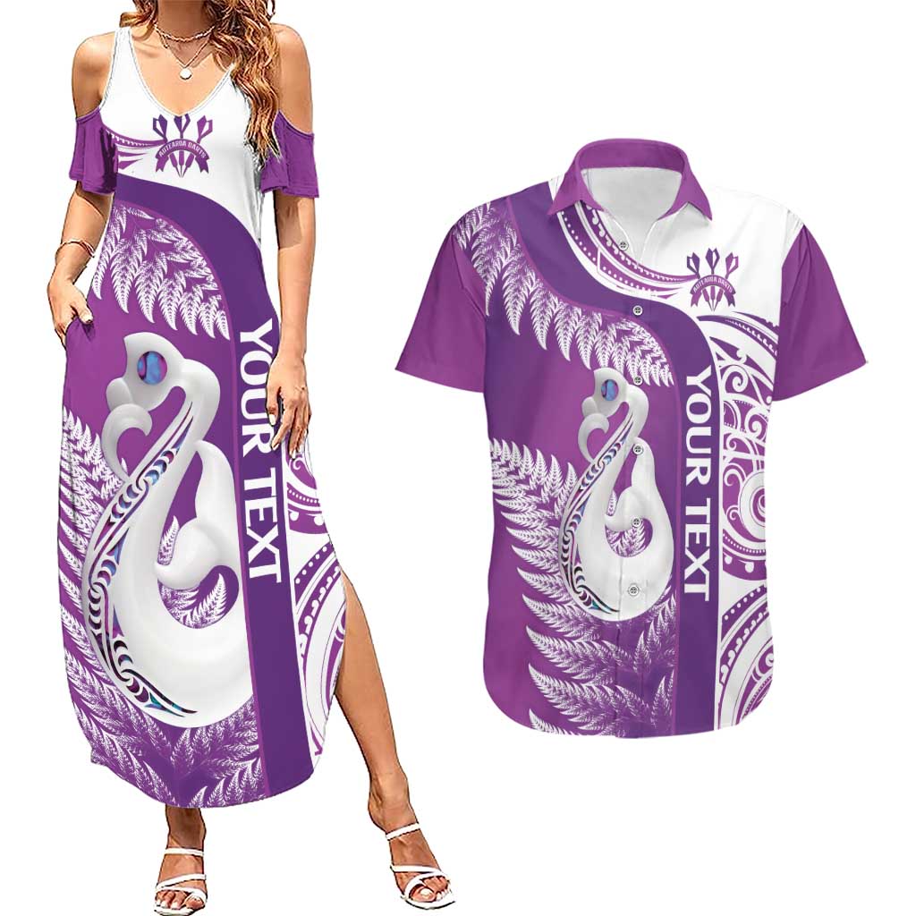 Personalised New Zealand Darts Couples Matching Summer Maxi Dress and Hawaiian Shirt Aotearoa Fern Mix Paua Shell Manaia - Purple LT14 Purple - Polynesian Pride
