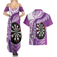 Personalised New Zealand Darts Couples Matching Summer Maxi Dress and Hawaiian Shirt Aotearoa Fern Mix Paua Shell Manaia - Purple LT14 - Polynesian Pride