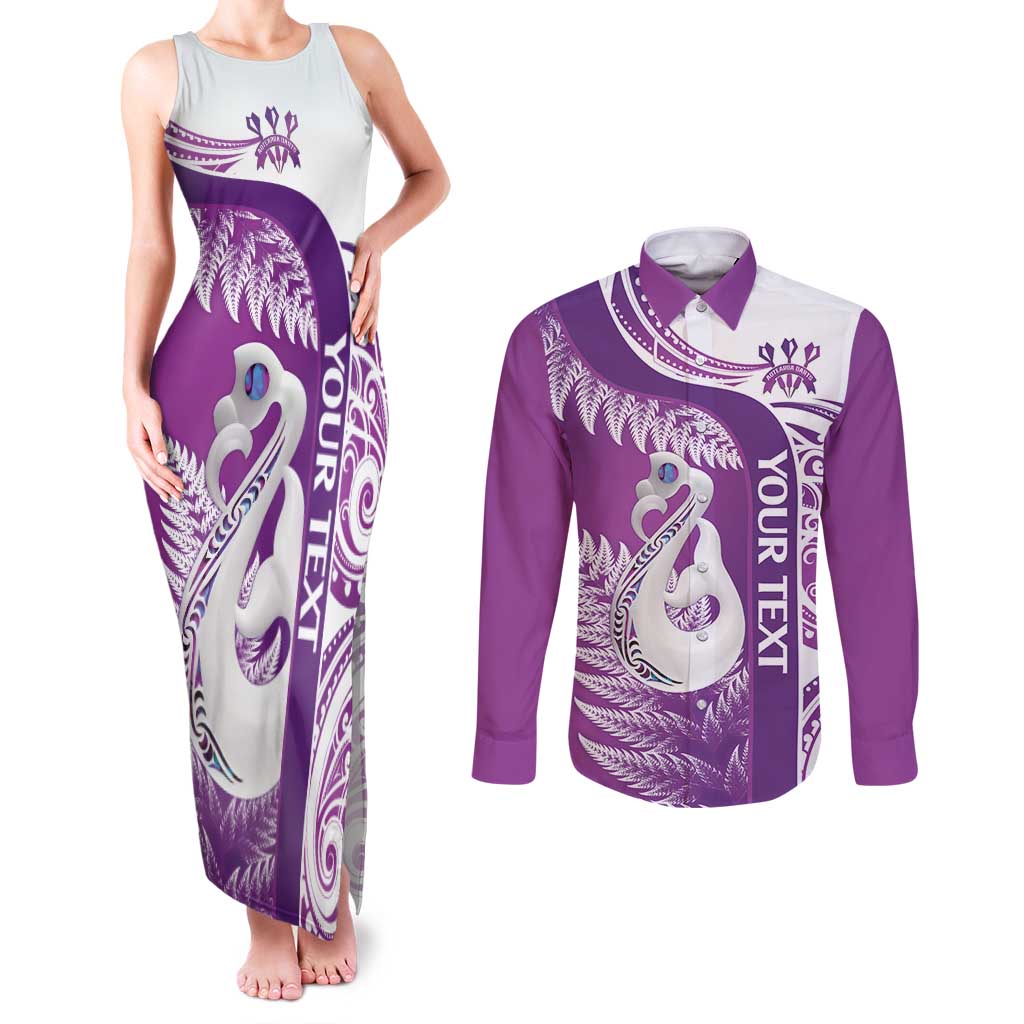 Personalised New Zealand Darts Couples Matching Tank Maxi Dress and Long Sleeve Button Shirt Aotearoa Fern Mix Paua Shell Manaia - Purple LT14 Purple - Polynesian Pride