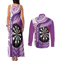 Personalised New Zealand Darts Couples Matching Tank Maxi Dress and Long Sleeve Button Shirt Aotearoa Fern Mix Paua Shell Manaia - Purple LT14 - Polynesian Pride