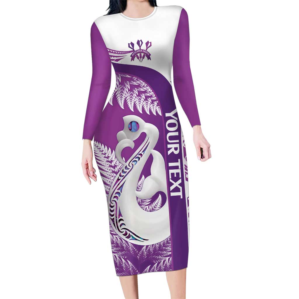 Personalised New Zealand Darts Family Matching Long Sleeve Bodycon Dress and Hawaiian Shirt Aotearoa Fern Mix Paua Shell Manaia - Purple LT14 Mom's Dress Purple - Polynesian Pride