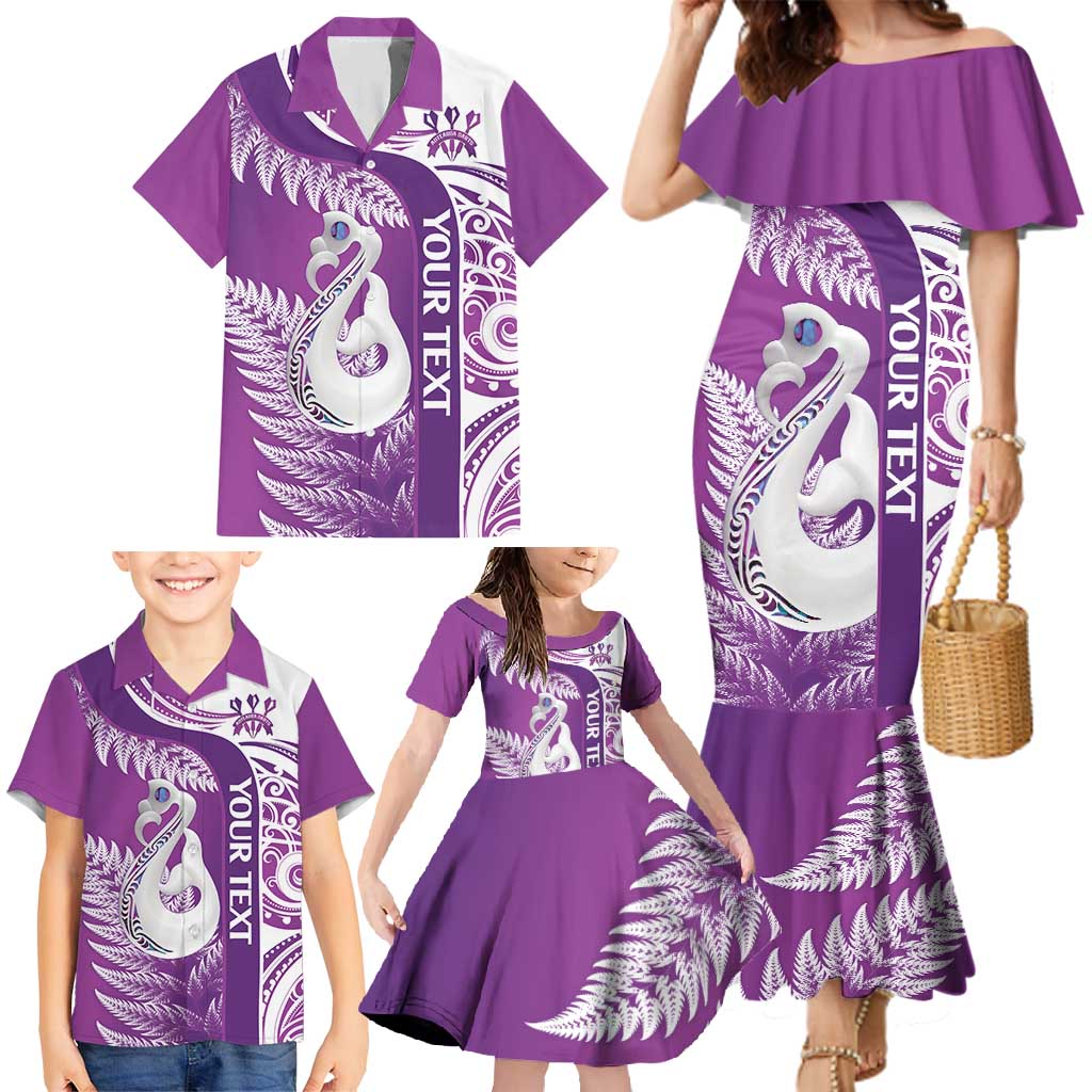 Personalised New Zealand Darts Family Matching Mermaid Dress and Hawaiian Shirt Aotearoa Fern Mix Paua Shell Manaia - Purple LT14 - Polynesian Pride