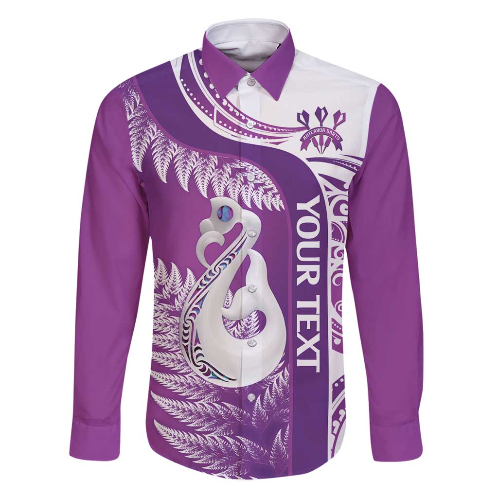Personalised New Zealand Darts Family Matching Mermaid Dress and Hawaiian Shirt Aotearoa Fern Mix Paua Shell Manaia - Purple LT14 Dad's Shirt - Long Sleeve Purple - Polynesian Pride