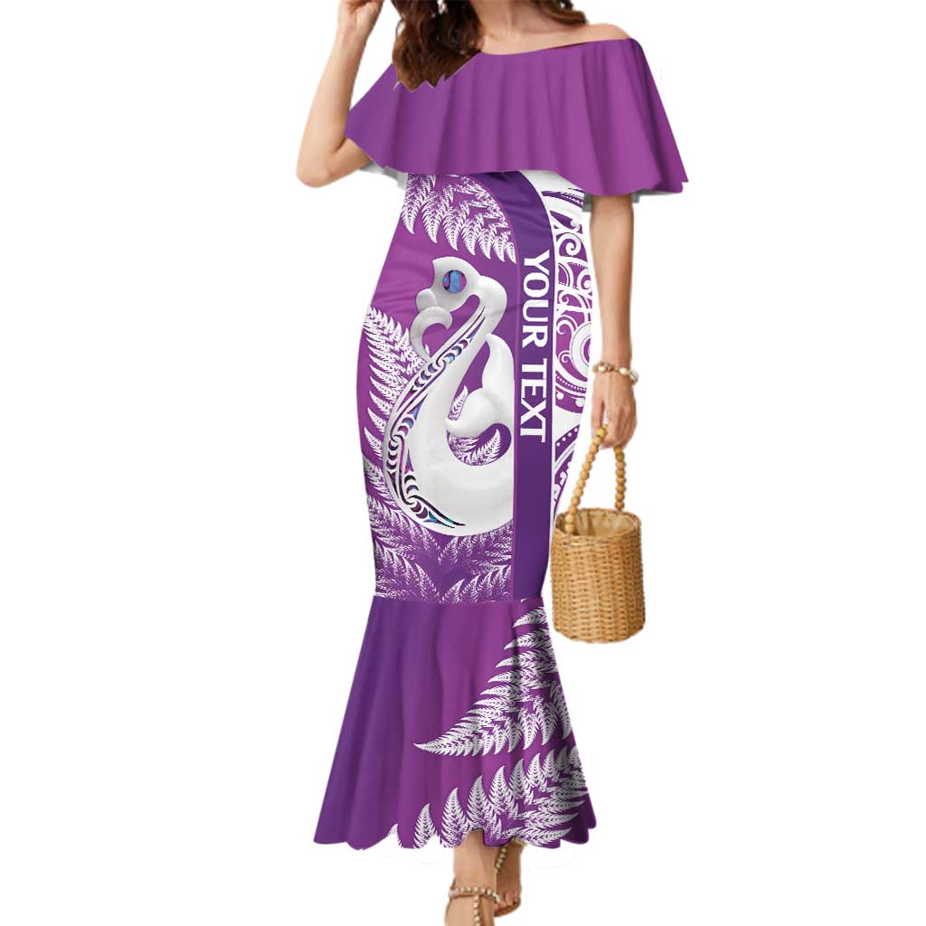 Personalised New Zealand Darts Family Matching Mermaid Dress and Hawaiian Shirt Aotearoa Fern Mix Paua Shell Manaia - Purple LT14 Mom's Dress Purple - Polynesian Pride