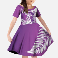 Personalised New Zealand Darts Family Matching Off The Shoulder Long Sleeve Dress and Hawaiian Shirt Aotearoa Fern Mix Paua Shell Manaia - Purple LT14 Daughter's Dress Purple - Polynesian Pride