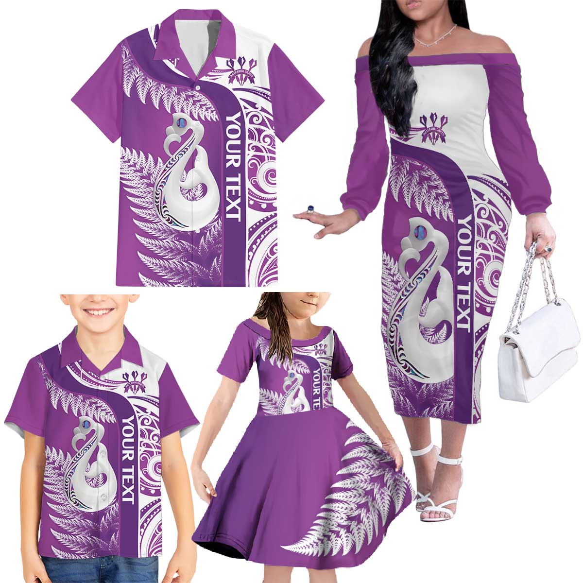 Personalised New Zealand Darts Family Matching Off The Shoulder Long Sleeve Dress and Hawaiian Shirt Aotearoa Fern Mix Paua Shell Manaia - Purple LT14 - Polynesian Pride