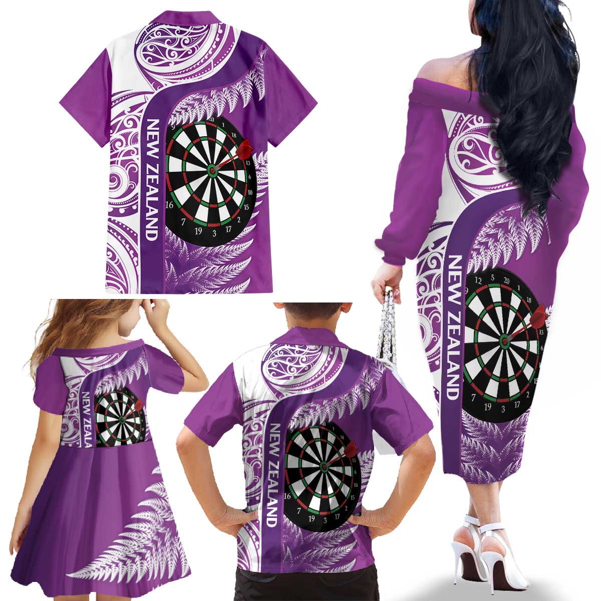 Personalised New Zealand Darts Family Matching Off The Shoulder Long Sleeve Dress and Hawaiian Shirt Aotearoa Fern Mix Paua Shell Manaia - Purple LT14 - Polynesian Pride