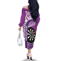 Personalised New Zealand Darts Family Matching Off The Shoulder Long Sleeve Dress and Hawaiian Shirt Aotearoa Fern Mix Paua Shell Manaia - Purple LT14 - Polynesian Pride