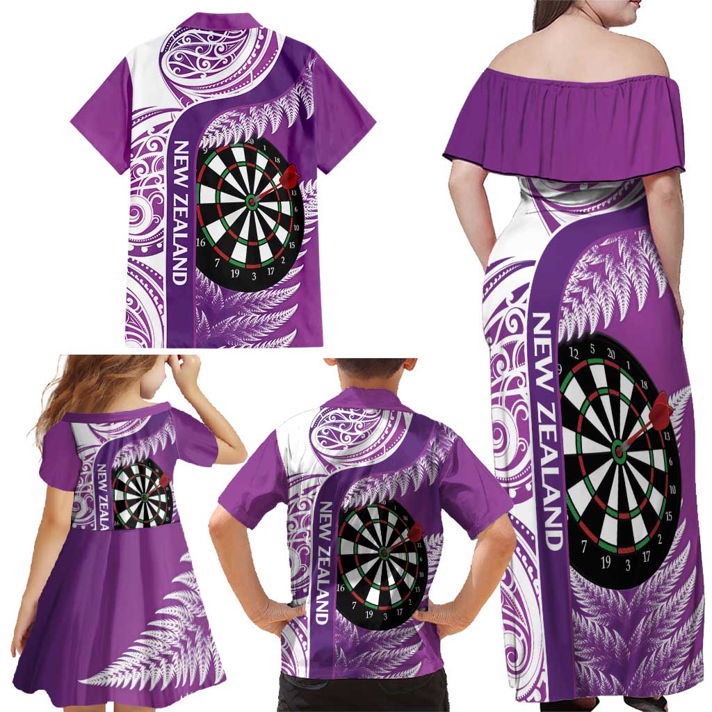 Personalised New Zealand Darts Family Matching Off Shoulder Maxi Dress and Hawaiian Shirt Aotearoa Fern Mix Paua Shell Manaia - Purple LT14 - Polynesian Pride