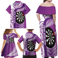 Personalised New Zealand Darts Family Matching Off Shoulder Maxi Dress and Hawaiian Shirt Aotearoa Fern Mix Paua Shell Manaia - Purple LT14 - Polynesian Pride