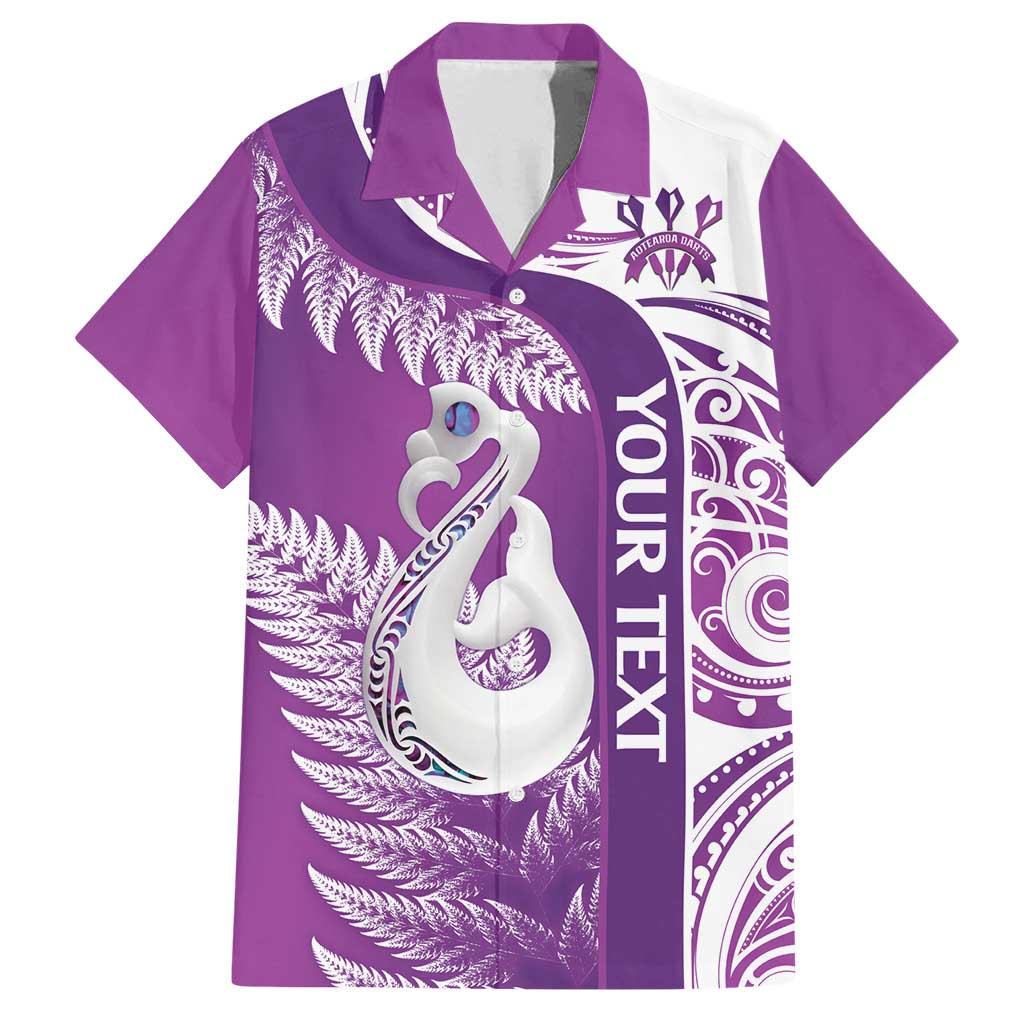 Personalised New Zealand Darts Family Matching Off Shoulder Maxi Dress and Hawaiian Shirt Aotearoa Fern Mix Paua Shell Manaia - Purple LT14 Dad's Shirt - Short Sleeve Purple - Polynesian Pride