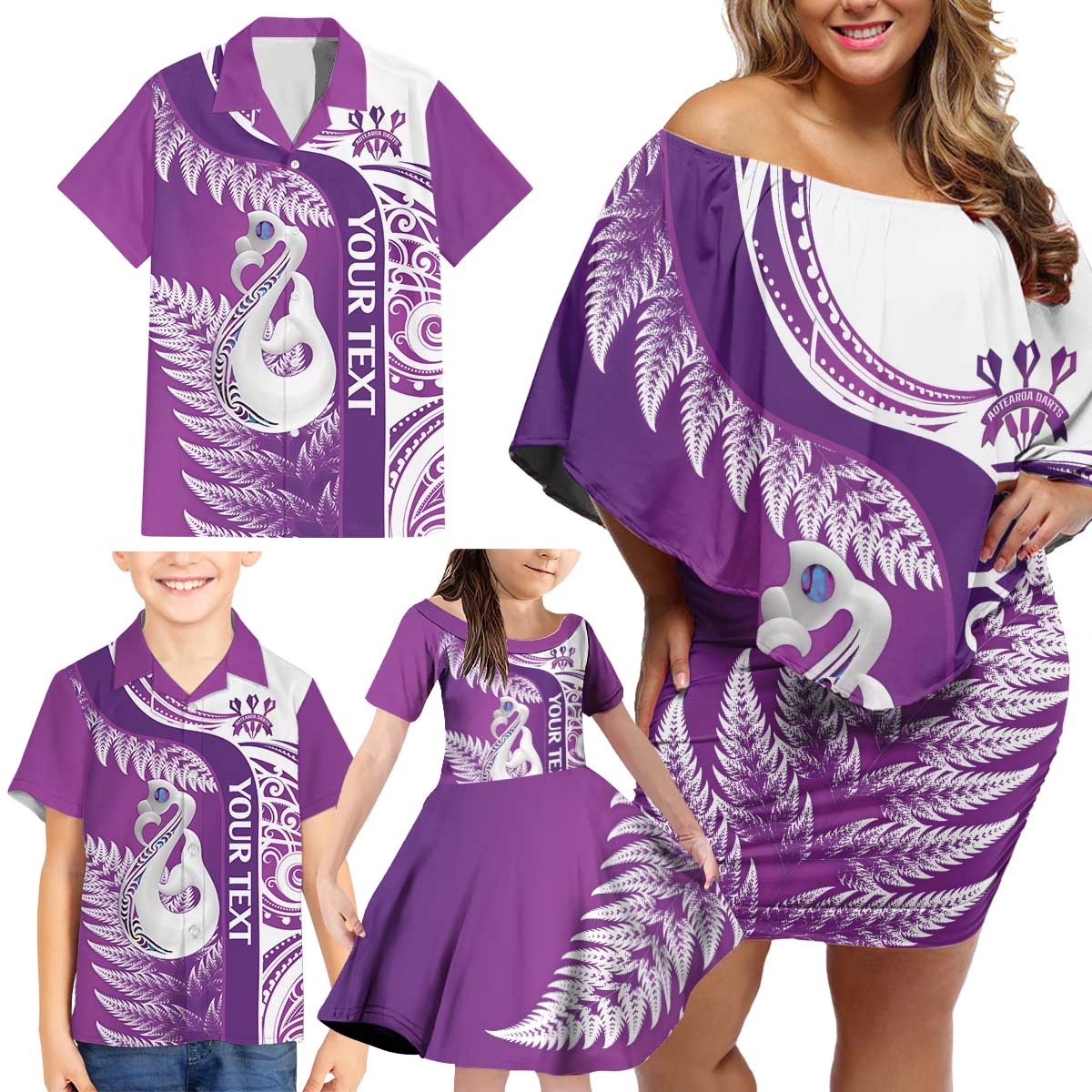 Personalised New Zealand Darts Family Matching Off Shoulder Short Dress and Hawaiian Shirt Aotearoa Fern Mix Paua Shell Manaia - Purple LT14 - Polynesian Pride