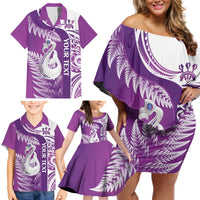 Personalised New Zealand Darts Family Matching Off Shoulder Short Dress and Hawaiian Shirt Aotearoa Fern Mix Paua Shell Manaia - Purple LT14 - Polynesian Pride