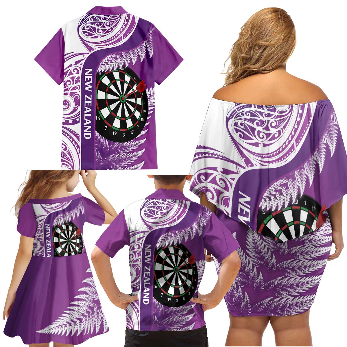 Personalised New Zealand Darts Family Matching Off Shoulder Short Dress and Hawaiian Shirt Aotearoa Fern Mix Paua Shell Manaia - Purple LT14 - Polynesian Pride