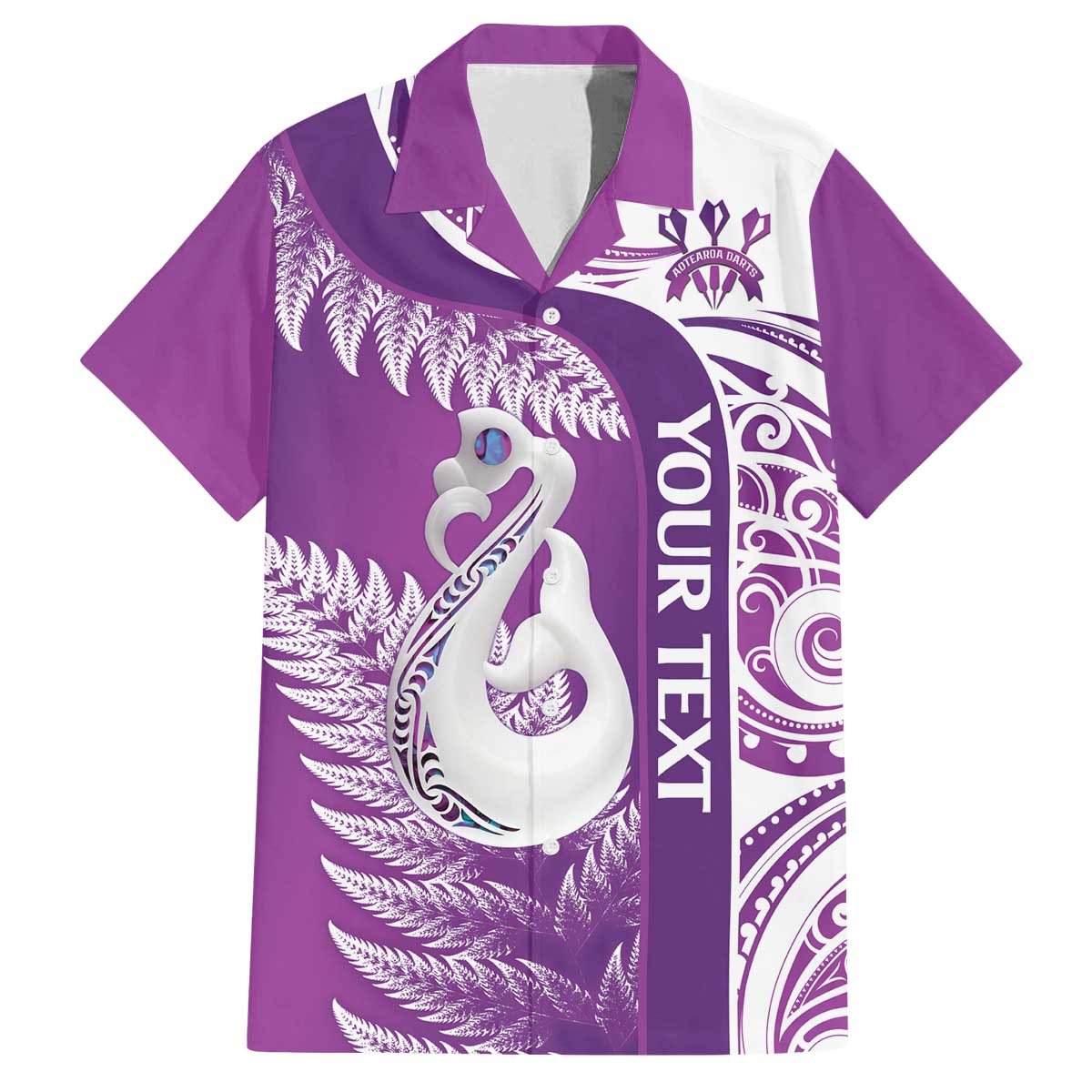 Personalised New Zealand Darts Family Matching Off Shoulder Short Dress and Hawaiian Shirt Aotearoa Fern Mix Paua Shell Manaia - Purple LT14 Dad's Shirt - Short Sleeve Purple - Polynesian Pride