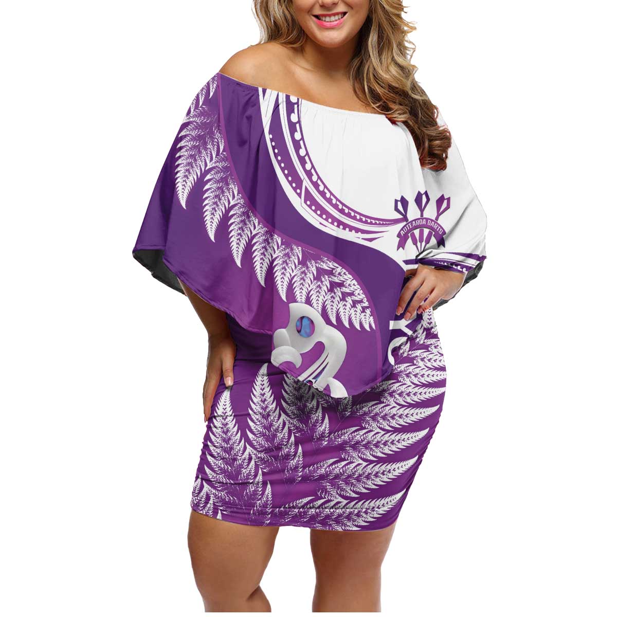 Personalised New Zealand Darts Family Matching Off Shoulder Short Dress and Hawaiian Shirt Aotearoa Fern Mix Paua Shell Manaia - Purple LT14 Mom's Dress Purple - Polynesian Pride