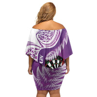 Personalised New Zealand Darts Family Matching Off Shoulder Short Dress and Hawaiian Shirt Aotearoa Fern Mix Paua Shell Manaia - Purple LT14 - Polynesian Pride
