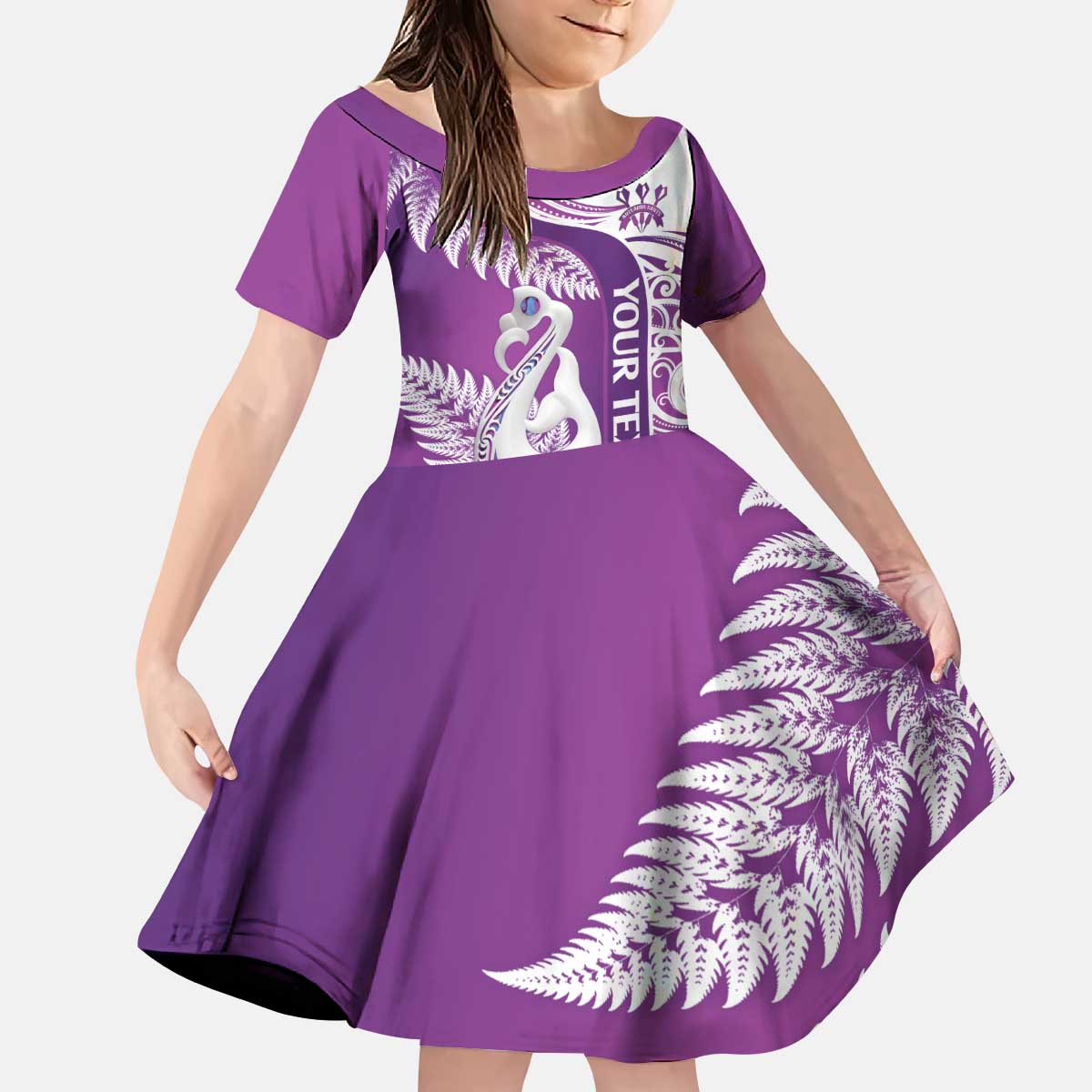 Personalised New Zealand Darts Family Matching Puletasi and Hawaiian Shirt Aotearoa Fern Mix Paua Shell Manaia - Purple LT14 Daughter's Dress Purple - Polynesian Pride