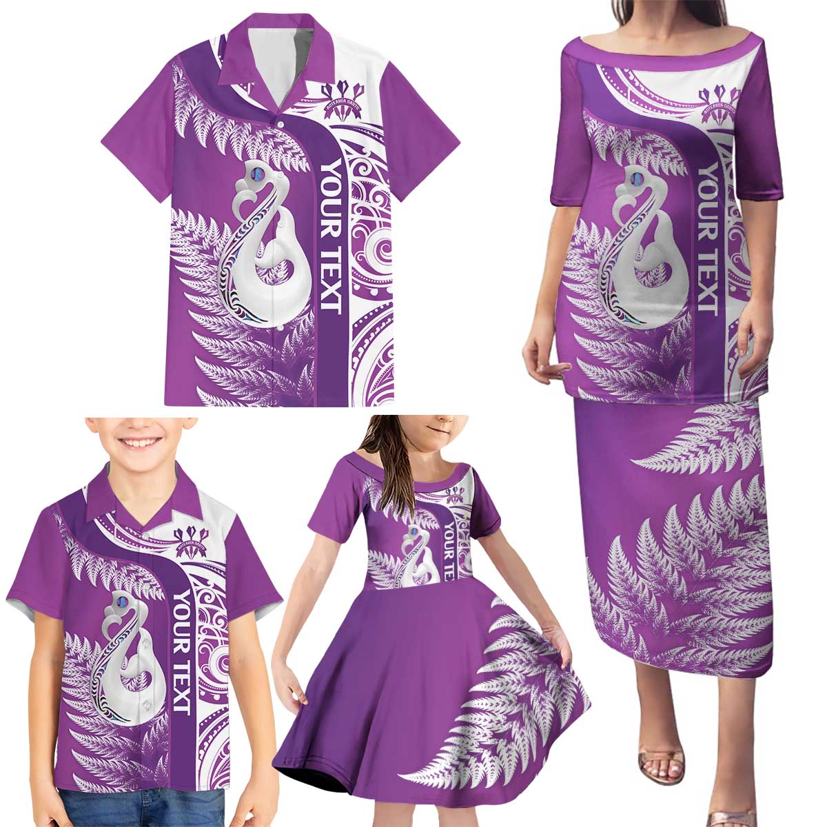 Personalised New Zealand Darts Family Matching Puletasi and Hawaiian Shirt Aotearoa Fern Mix Paua Shell Manaia - Purple LT14 - Polynesian Pride