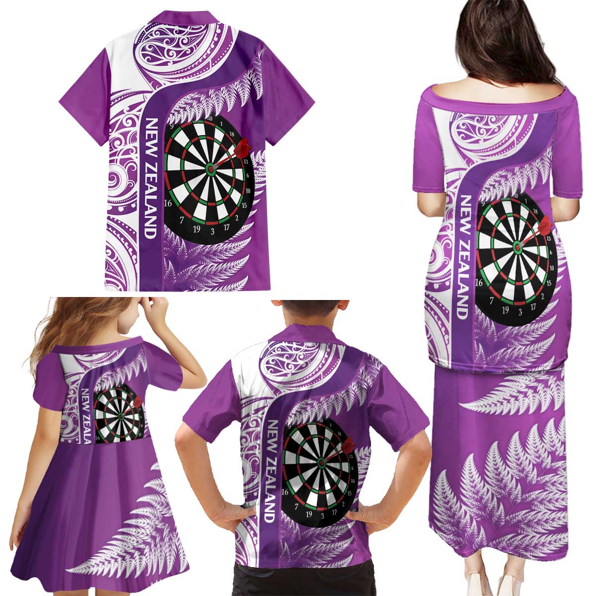 Personalised New Zealand Darts Family Matching Puletasi and Hawaiian Shirt Aotearoa Fern Mix Paua Shell Manaia - Purple LT14 - Polynesian Pride