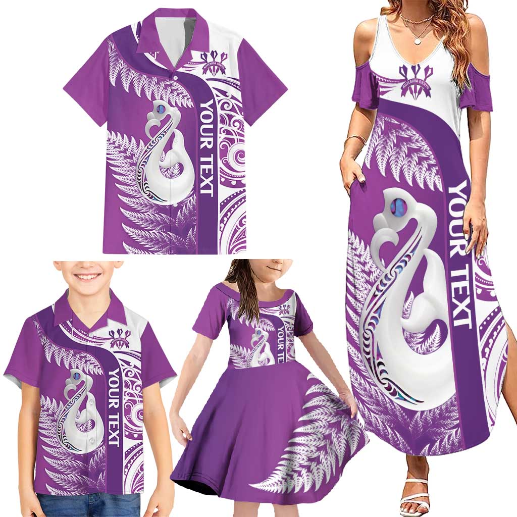 Personalised New Zealand Darts Family Matching Summer Maxi Dress and Hawaiian Shirt Aotearoa Fern Mix Paua Shell Manaia - Purple LT14 - Polynesian Pride