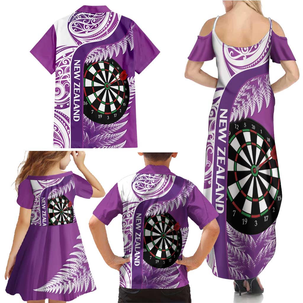Personalised New Zealand Darts Family Matching Summer Maxi Dress and Hawaiian Shirt Aotearoa Fern Mix Paua Shell Manaia - Purple LT14 - Polynesian Pride