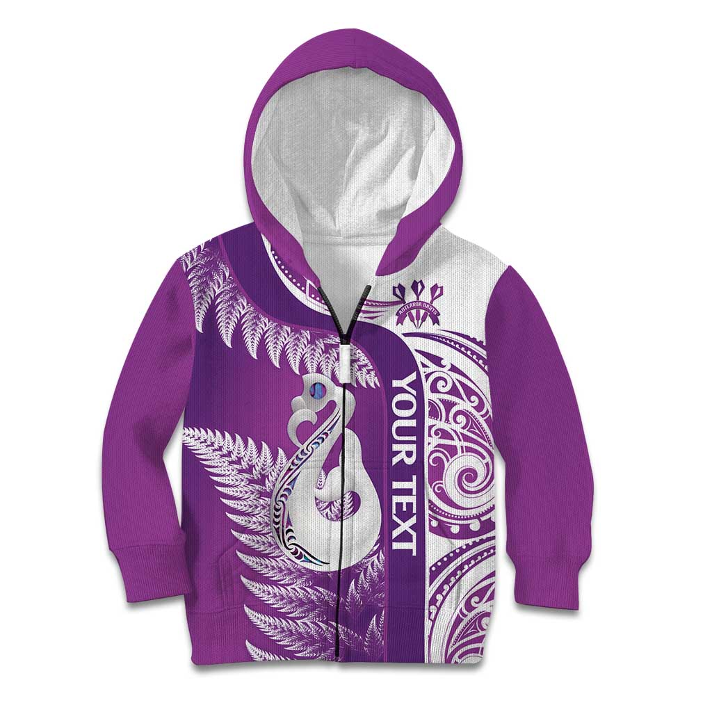Personalised New Zealand Darts Kid Hoodie Aotearoa Fern Mix Paua Shell Manaia - Purple LT14 Zip Hoodie Purple - Polynesian Pride