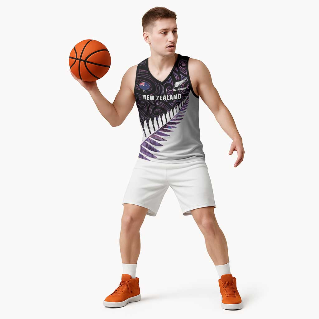 New Zealand Silver Fern Rugby Custom Basketball Jersey Go All Black Purple Maori Paua Shell - Polynesian Pride